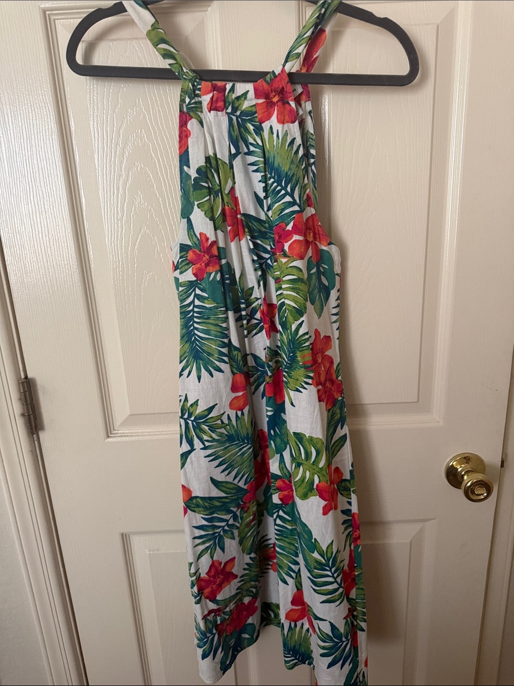 Tommy Bahama White Midi Dress with Green Tropical Leaves and Red Floral Print